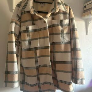 Roxy Cream, Beige & Green Plaid Teddy Shacket